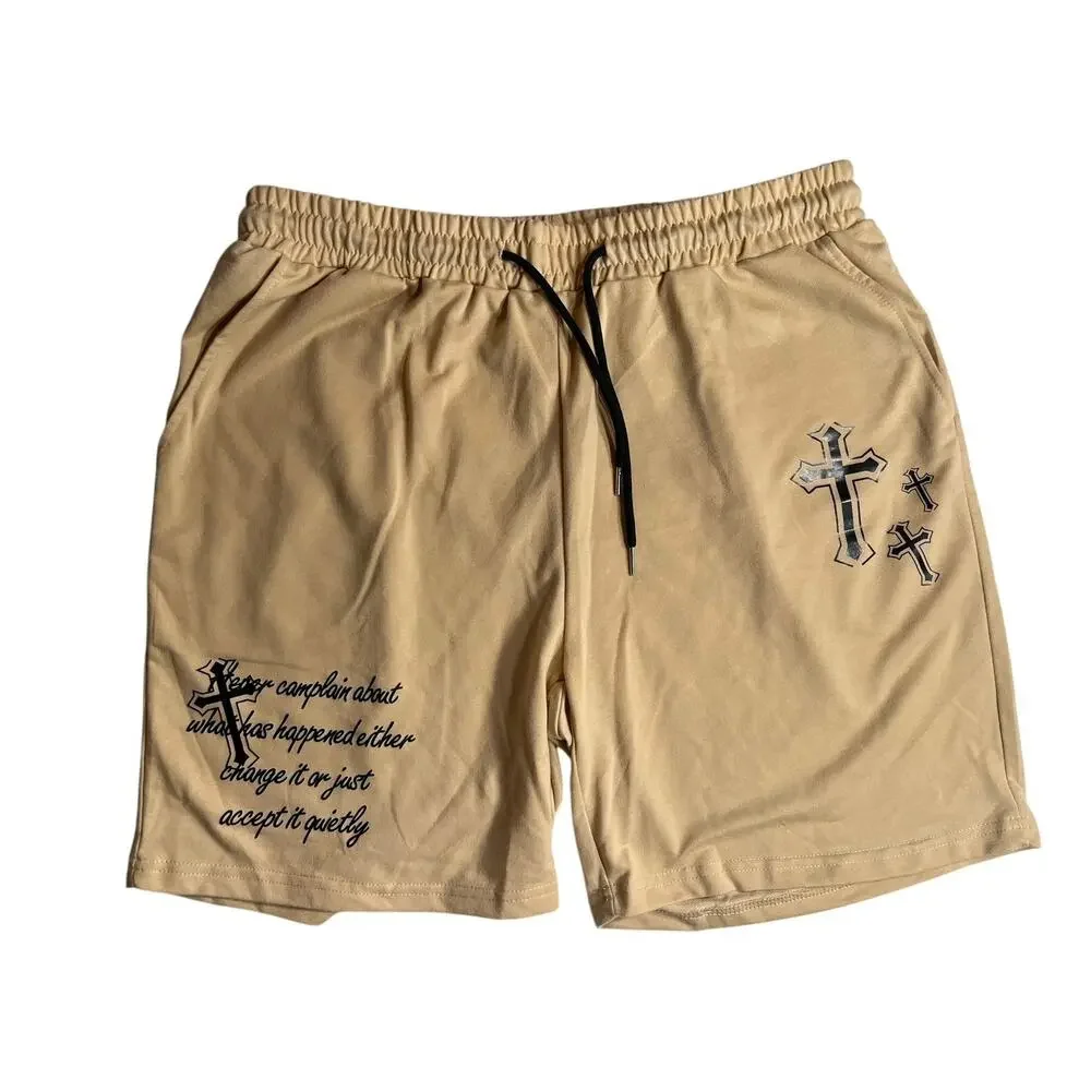 Men’s XL drawstring shorts feature a black screen-printed cross graphic-Used‎